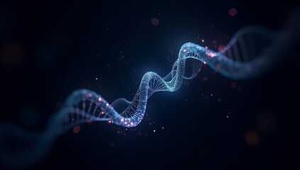 "Double helix DNA strand made entirely of flowing holographic code, slowly rotating in a dark void, representing artificial intelligence evolution"

