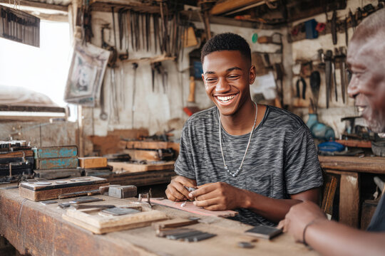 Morning in a community workshop with tools and materials A young craftsman is making jewelry and smiling at a customer