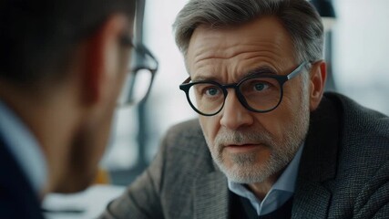 Mature man with glasses and beard in office having serious business conversation with colleague showing focus concern during professional discussion formal confident middle aged male - Powered by Adobe