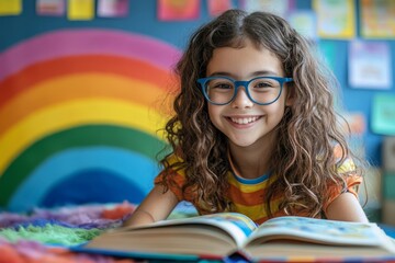 Happy non-binary school student reading a book in an inclusive and diverse classroom during LGBTQ+ Pride Month. Promoting diversity and inclusion in education, Generative AI