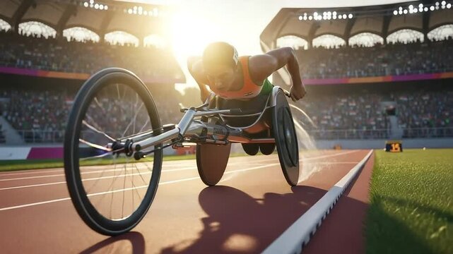 Determined Para-Athlete Speeds Down the Track in a Racing Wheelchair During a Sun-Drenched Championship