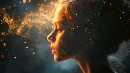 A woman's face is surrounded by glowing light and sparks. The concept of imagination, inspiration, and creativity.