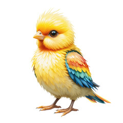 A little, yellow macaw and a bird of paradise are seen isolated on a white studio background