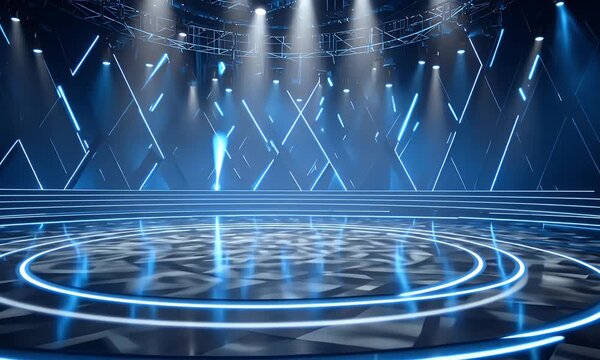 
A virtual background for an esports game show, featuring a circular stage with LED lights and geometric patterns in shades of blue.