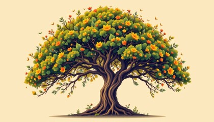 Create a captivating flat design illustration that showcases the fusion of nature and technology, This cybernetic tree, characterized by detailed foliage and mechanical parts