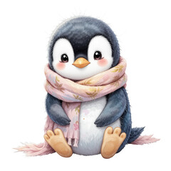 A fun cartoon illustration of cute penguins in winter clothes playing on a snowy blue ice floe