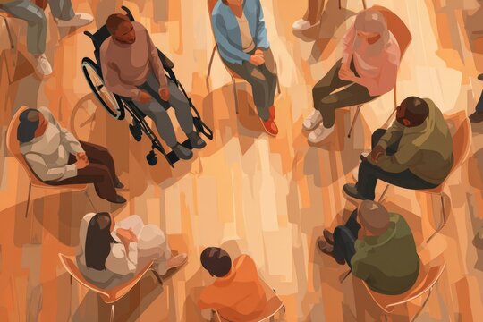 A warm gathering of diverse individuals engaging in open dialogue and support in a cozy room setting