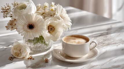White flowers & coffee cup on marble