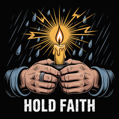 Hands holding burning candle in rain symbolizing hope faith and resilience against adversity artistic design vector