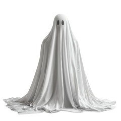 Ethereal White Ghost Figure Floating with Sheet over Transparent Background for Halloween