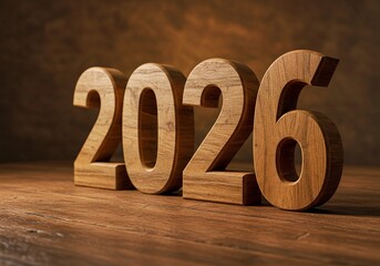 wooden numbers 2026, Elegant Wooden 2026 Number Decoration with Warm Ambient Lighting