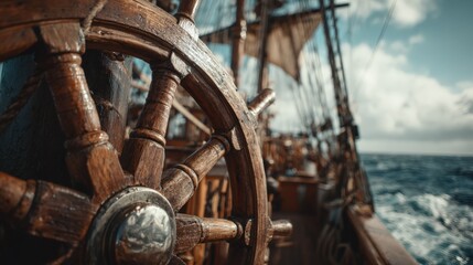 Vintage Ship's Wheel: Guiding Exploration and Adventure on the High Seas under a Cloudy Sky