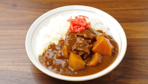 Delicious Japanese Curry Rice on a White Plate on a Wooden Table, Curry with Beef and Potatoes Served with Pickled Ginger