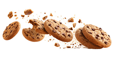 A few cookies in flight, with some broken and scattered on the ground, perfect for culinary inspiration isolated on a transparent background