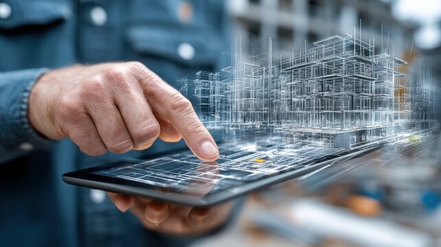 A person interacts with a tablet displaying a digital architectural blueprint, merging technology with construction planning.