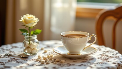 A delicate teacup and saucer set on a lace covered table, accompanied by a small glass jar of sugar cubes, a silver spoon, and a single white rose in a bud vase, the surrounding light warm and golden