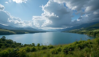 Fototapeta premium Stunning HD 8K Landscape Featuring a Serene Lake and Dramatic Cloudscape for Breathtaking Nature Photography and Scenic Design