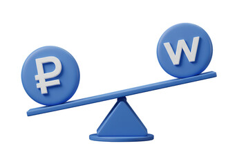 3D Illustration Balance Scale with Ruble and Won Currencies on Black Background