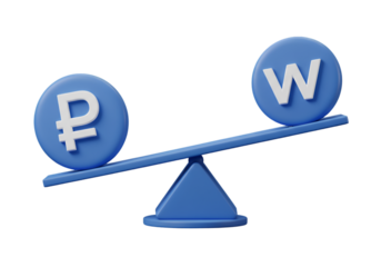 3D Illustration Balance Scale with Ruble and Won Currencies on Black Background