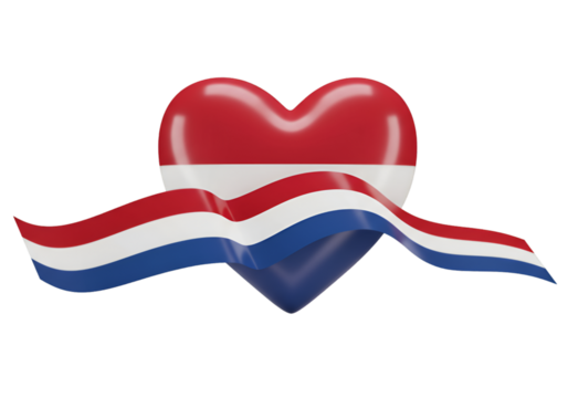 3D Illustration of a Heart with the Netherlands Flag and Flowing Ribbon in Red White and Blue - Powered by Adobe