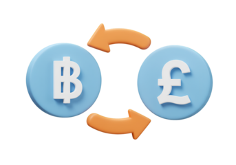 3D Illustration of Bitcoin to Pound Exchange Currency with Orange Arrows on Transparent Background
