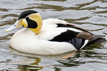 Fototapeta premium Colorful duck swimming gracefully in a serene water environment during daytime