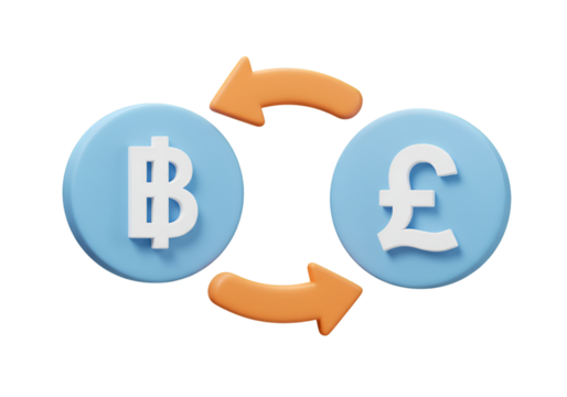 3D Illustration of Bitcoin to Pound Exchange Currency with Orange Arrows on Transparent Background