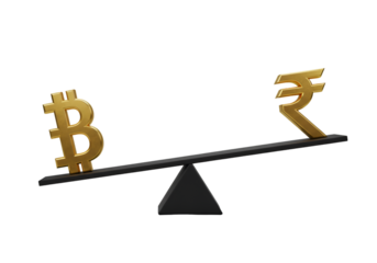 3D Illustration of Gold Bitcoin Symbol and Rupee Currency Balancing on a SeeSaw