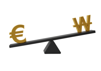 3D Illustration of Gold Euro and Korean Won on Seesaw Against Black Background