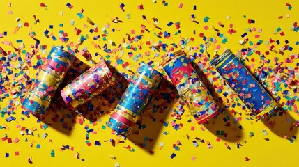 Colorful party poppers scattered on a yellow background