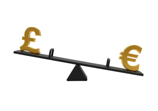 3D Illustration Of Gold Pound And Euro On Seesaw Balance Against Black Background