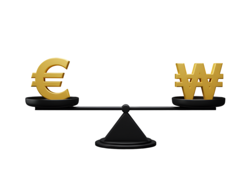 3D Illustration Of Gold Euro And Won Currencies Balanced On Scale