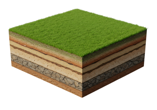 3D Illustration of Soil Cross Section with Green Grass and Transparent Background