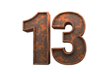 3D Render of a Rusty Metallic Number 13 on Transparent Background