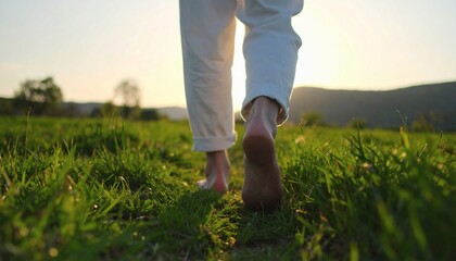 Barefoot walking on a lush green meadow at sunset for a grounding wellness concept.