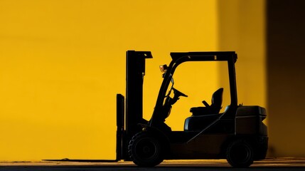 Silhouette of forklift against vibrant yellow background creates striking visual contrast, emphasizing machinery shape and design. minimalistic setting enhances focus forklift, evoking sense