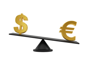 3D Render Of Gold Dollar And Euro Currency Symbols Balancing Illustration