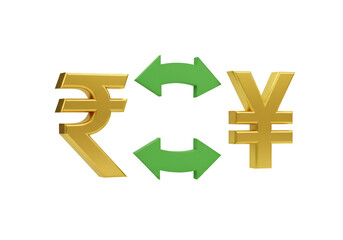 Fototapeta premium 3D Render Of Golden Rupee And Yen Currency Symbols With Green Exchange Arrows Isolated on Black Background