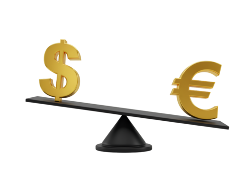 3D Render Of Gold Dollar And Euro Currency Symbols Balancing Illustration