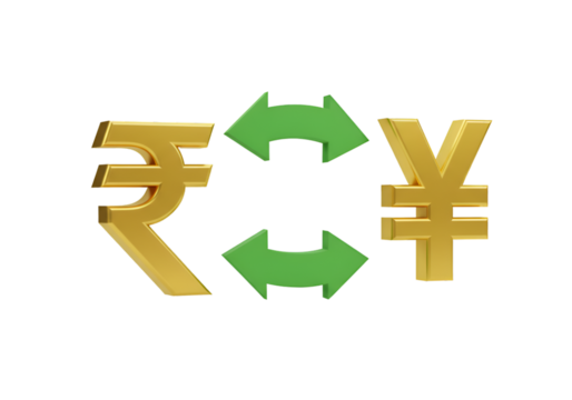 3D Render Of Golden Rupee And Yen Currency Symbols With Green Exchange Arrows Isolated on Black Background