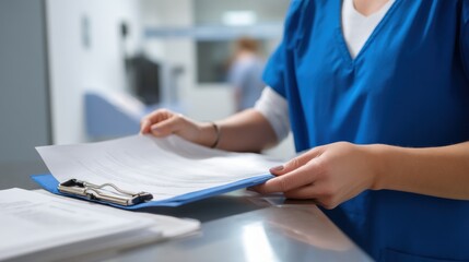 Nurse in blue scrubs reviews documents at hospital workstation, showcasing professionalism and attention to detail in healthcare environment