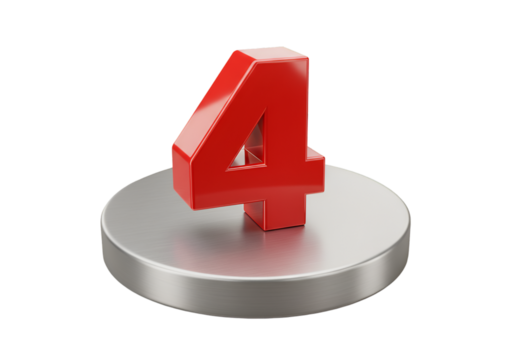 3D Render Of Shiny Red Number Four On Metallic Silver Base With Black Isolated Background