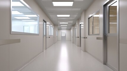 Cleanroom corridor featuring stainless steel trims, neutral colors, and bright lighting creates sterile and professional environment. design emphasizes functionality and cleanliness, ideal
