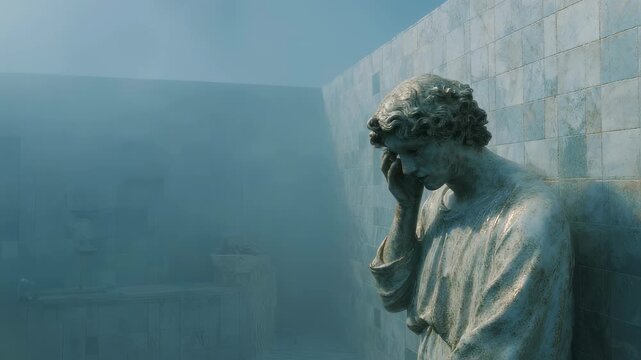 Statue of sorrowful figure in misty blue environment. Melancholy and grief concept. Atmospheric sculpture for contemplation and emotional artwork.