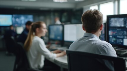 Efficient analysts work modern security operations center, focused multiple screens displaying critical data and information. atmosphere is intense yet collaborative, showcasing teamwork