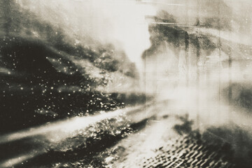 Blurry film Grain photocopy texture overlay Effect,Retro Broken Printer Effect,silhouette of a man,grunge background with rays light leak,grunge texture overlay effect with scratch dust