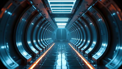 Naklejka premium Neon Sci-Fi Hallway in a Futuristic Interstellar Craft