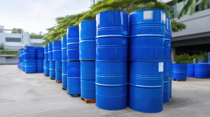 Stacked blue chemical drums are arranged in outdoor storage area, showcasing well organized and safe environment for industrial materials. scene conveys sense of order and efficiency