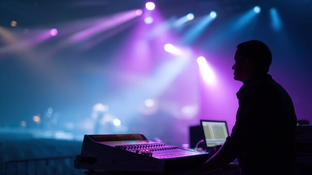 Sound engineer operates mixing console during live music event, surrounded by vibrant stage lights and dynamic atmosphere. focus is on technical aspects of sound production