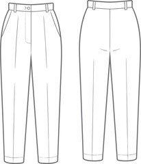 Fashion flat sketch of tapered pants with front pleats and waistband, technical clothing drawing for apparel design templates, vector illustration © Montaha Creatives